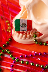 Mexico flag, white skull and colorful festival stuff for day of the dead, and orange color background