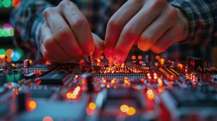 An electrical technician is shown soldering components on a circuit board up close, demonstrating technical accuracy and proficiency in electronics assembly.