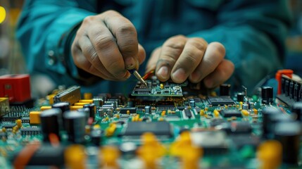 An electrical technician is shown soldering components on a circuit board up close, demonstrating technical accuracy and proficiency in electronics assembly.