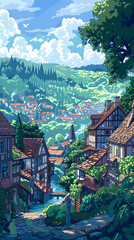 Obraz premium Charming Pixel Art Village with Colorful Houses and Rolling Hills Under a Bright Blue Sky