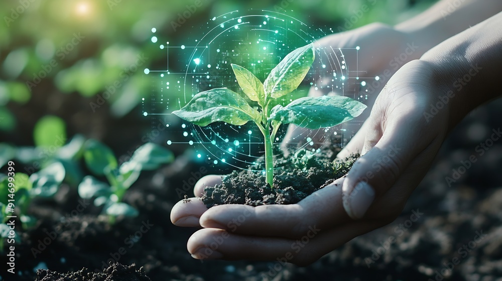 Poster two hands holding young plant with cyber display of technological smart farming 40smart farming and 
