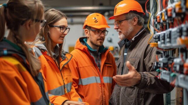 A teacher instructs apprentice electricians on electrical safety procedures in an industrial factory's well-equipped classroom using safety-assured wiring diagrams.