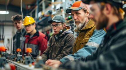 An instructor leads a group of focused apprentices through a practical training demonstration of using electrical tools.