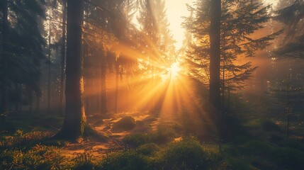 Sunlight Breaking Through the Mist in a Forest