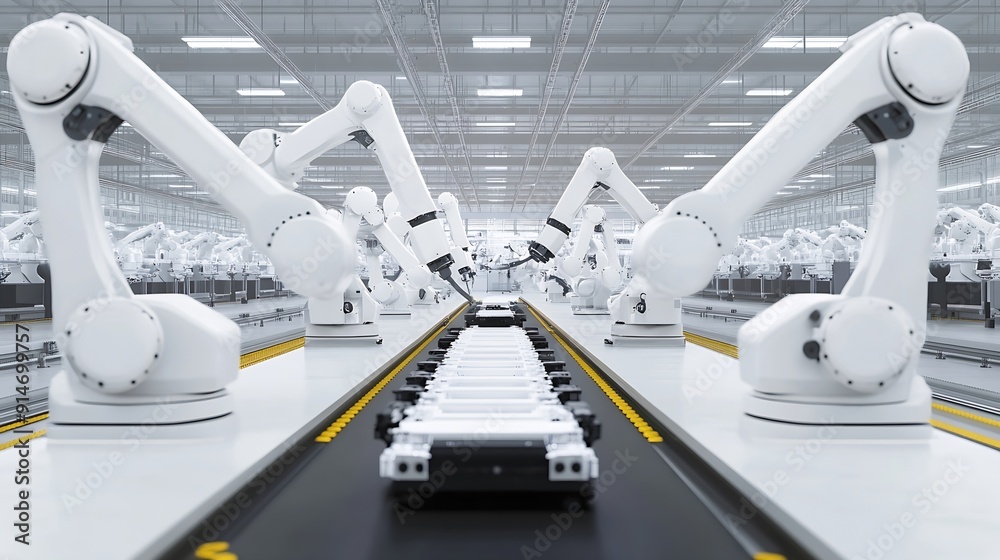 Aufkleber row of white robotic arms at automated production line at bright modern factory industrial robot arm