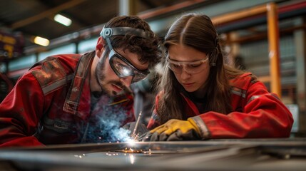 A technical workshop scene shows students wearing protective gear and focusing on our tasks as they weld metal pieces