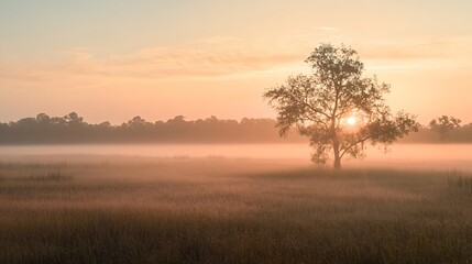 Foggy Sunrise over a prairie in Central Florida : Generative AI