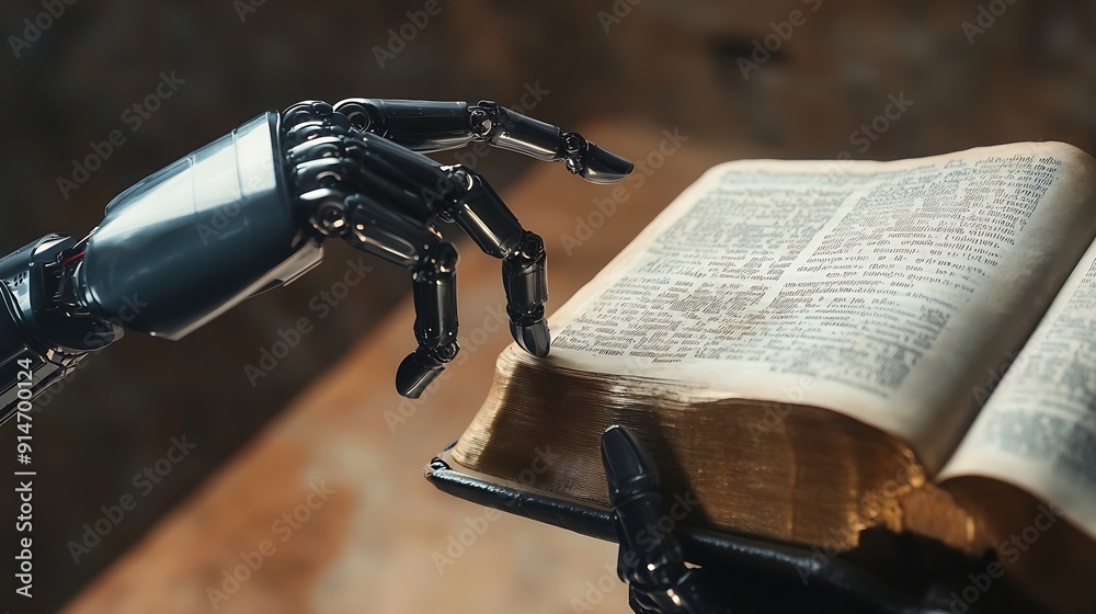Aufkleber Real robots hand with ancient Bible book Concepts of artificial intelligence development and machine learning : Generative AI