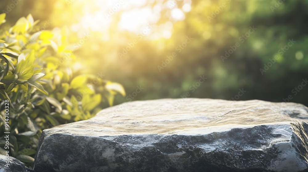 Aufkleber product display podium rock stone with blurred background with sunlight shadow : generative ai