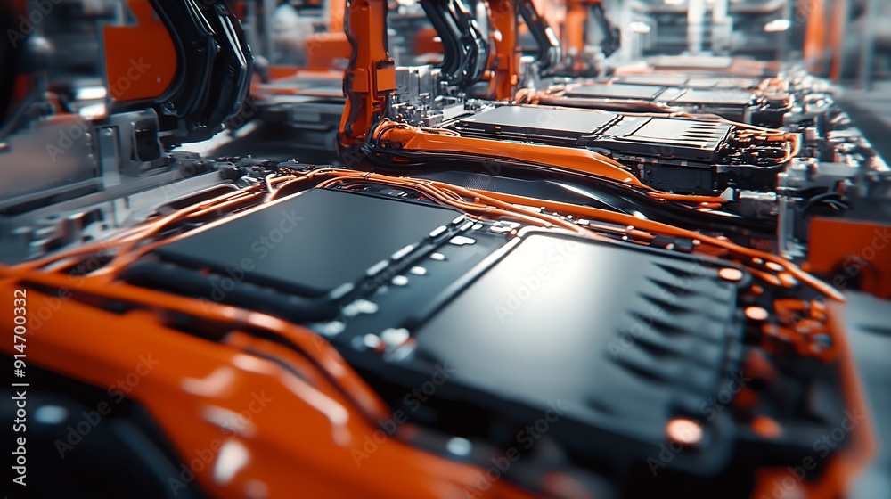 Aufkleber lithiumion ev battery pack assembly process electric car manufacturing inside automotive factory row