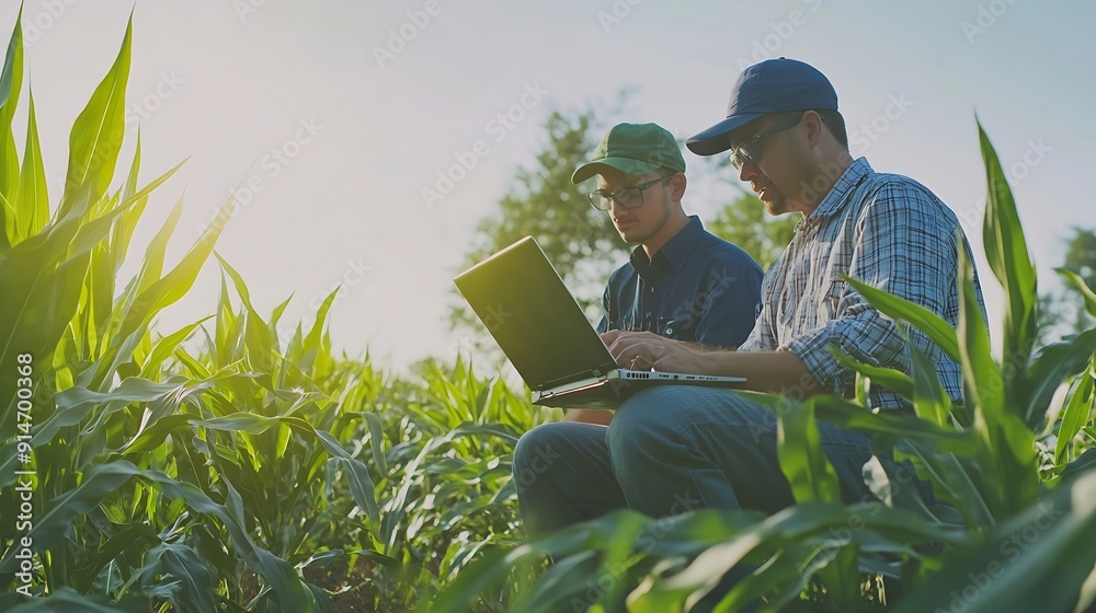 Fototapete Two smart farmers using laptop to examining quantity and quality crop of corn vegetables while working and planning system control with technology at agricultural field : Generative AI