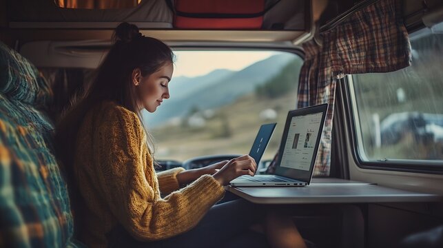 Independent woman sitting inside a camper van in smart remote working job activity using laptop Concept digital nomad freedom lifestyle with female people writing on computer Outdoors  : Generative AI