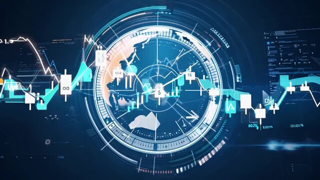 A digital blue background featuring a clock-like design with notes and lines, incorporating icons and symbols representing time, technology, and global concepts in a modern, business-oriented style - Powered by Adobe