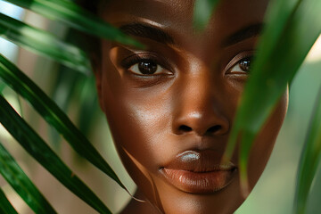 A closeup portrait of a woman with dark skin, her face partially obscured by large, green leaves. Sunlight casts soft shadows on her features, highlighting her eyes and lips.
