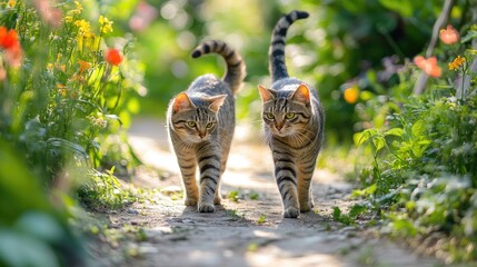 Two tabby cats walk on a path in a garden. This photo is perfect for websites or social media posts about cats or the beauty of nature.
