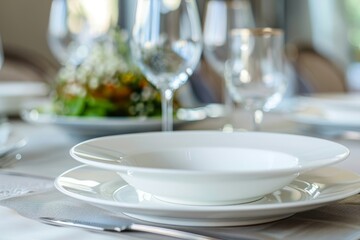 table set for a dinner, empty white plate