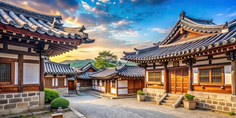 Obraz premium Traditional Korean architecture in a hanok village, hanok, traditional, Korean, architecture, house, village, tiles, roof