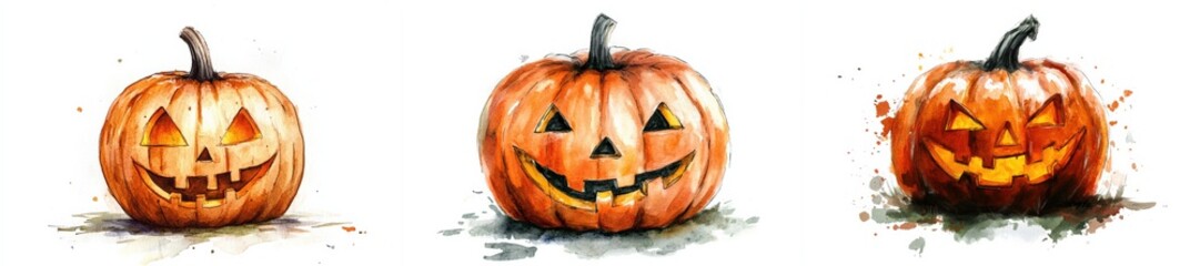 Watercolor Halloween Pumpkin with Carved Face