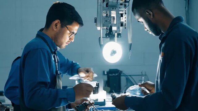 A diverse group of apprentice electricians working together in a vocational school lab to design an electrical system