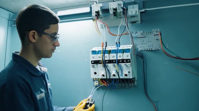 An electrician apprentice attentively studying a wiring diagram in a classroom filled with electrical equipment