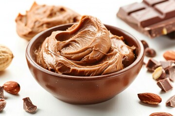 Peanut butter and chocolate paste on white background 