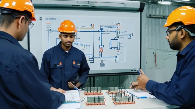 A group of apprentices listening to a lecture on electrical safety protocols