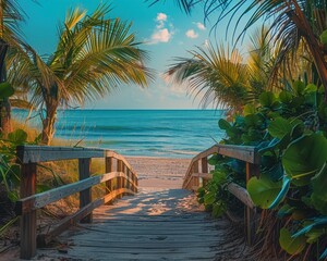 A wooden walkway leads to a sandy beach with clear blue water. AI.