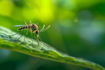 A mosquito perched on a green leaf, with a blurred natural background, ample copy space on the right.World Mosquito Day.August 20th.World Malaria Day.