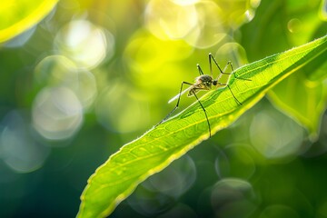World Mosquito Day.August 20th.World Malaria Day. A mosquito perched on a green leaf, with a blurred natural background, ample copy space on the left