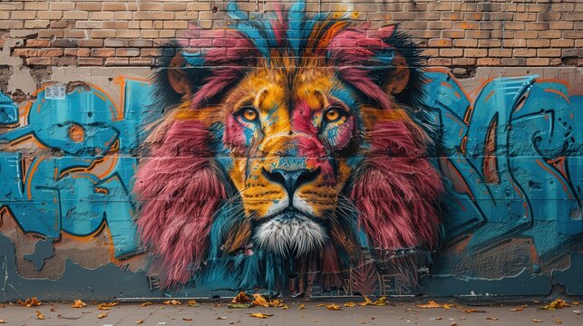 lion portrait, with graffiti drawing, art, colorful and different designs, animal pictures - Powered by Adobe
