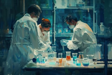 Depiction of scientists working on malaria vaccine development in a lab setting, with test tubes and research equipment.World Mosquito Day.August 20th.World Malaria Day