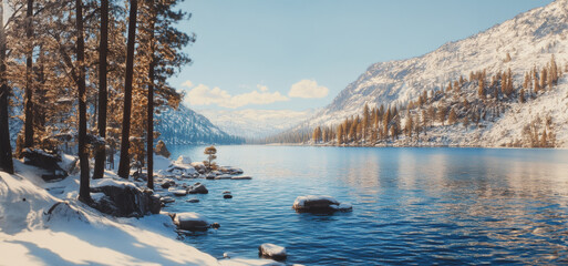 Scenic Snow-Covered Landscape Along Serene Lake Surrounded by Majestic Mountains in Winter