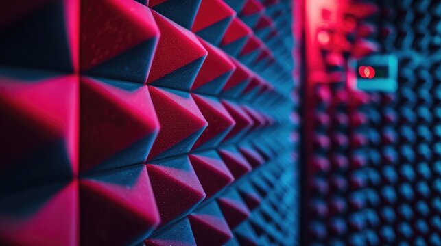 Soundproof room wall with colorful lighting. Recording studio background.