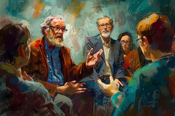 Concept illustration of the phenomenon of voice.World Voice Day.A storyteller animatedly speaking to an engaged audience, with expressive gestures and reactions