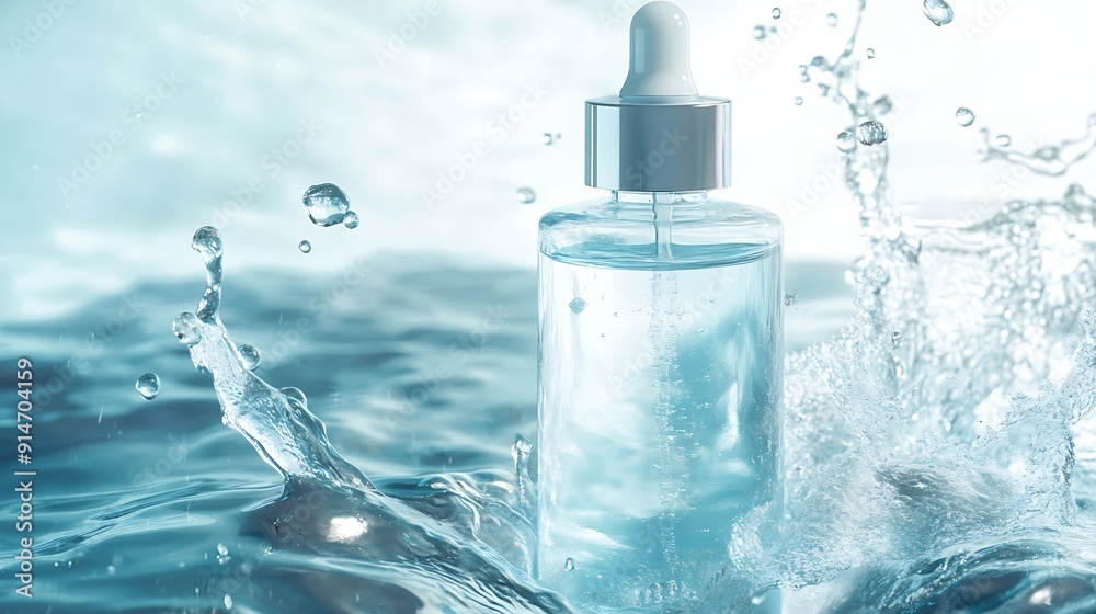 Poster bottle of serum in clean clear water with splashes and waves : generative ai