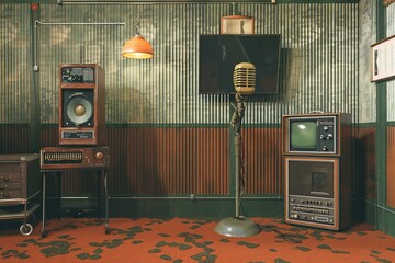 February 13th.World Radio Day.World Telecommunication Day.Vintage radio,radio station,radio station microphone.A setup of an old-fashioned radio station with a vintage microphone and soundproof walls
