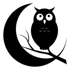 Owl Perched on Tree Branch Against Full Moon Silhouette Vector Illustration - Line Art, Outline, Black Silhouette on White Background