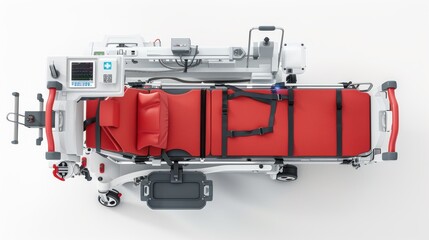 An emergency room stretcher with attached medical equipment is placed on a white background.