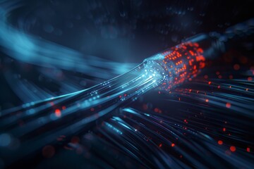 A close-up of a fiber optic cable with glowing light, ample copy space.World Telecommunication Day.International telecommunication.May 17th.