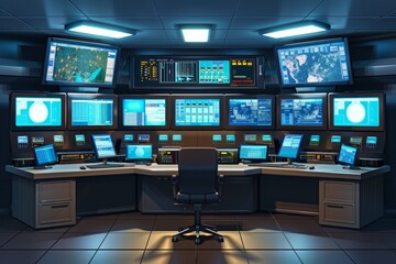 Naklejka premium A modern telecommunication control room with multiple screens and operators.May 17th.World Telecommunication Day.International telecommunication.