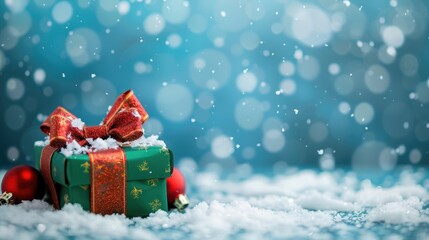 Gift box on blue background with bokeh. Festive backdrop for product display. Red and green presents in snow. Ample space for text.