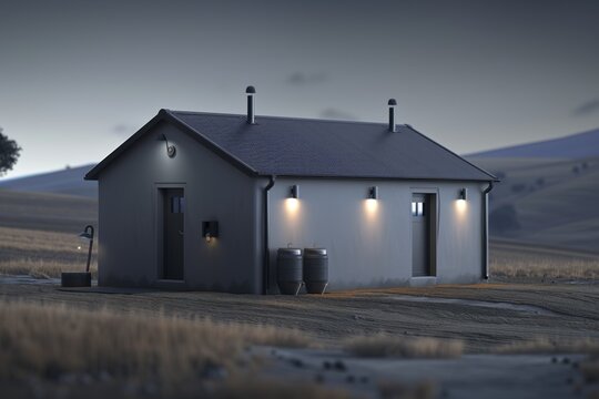 Photorealistic rendering of a minimalist modern home at twilight emphasizing energy efficiency and architectural simplicity in a serene rural setting