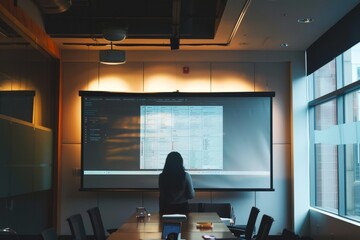 A person presenting a development plan on a large screen in a modern conference room.October 24th.Development information Day.Digital technology concept.Digital world web.