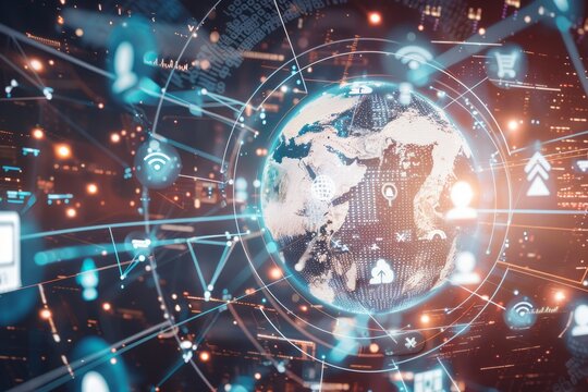 World Telecommunication Day.International telecommunication concept.May 17th.An illustration of a globe surrounded by telecommunication symbols and digital connections