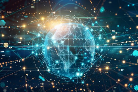 An illustration of a globe surrounded by telecommunication symbols and digital connections.World Telecommunication Day.International telecommunication.May 17th