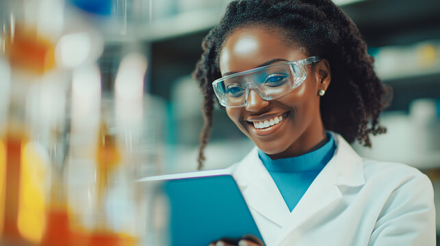 A joyful scientist uses a tablet in the laboratory, surrounded by colorful test tubes, reflecting advancements in research and technology.