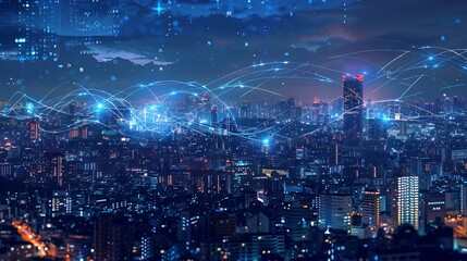 Obraz premium Nighttime Cityscape with Digital Network