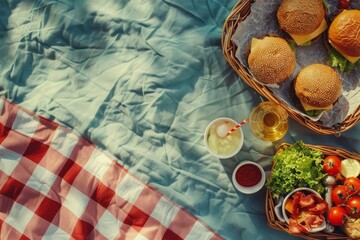 Fototapeta premium A picnic scene with a basket of burgers, drinks, and sides on a checkered blanket.National Hamburger Day.Fast Food Day.National Burger Day.National Cheeseburger Day.