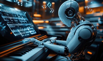 Robot Playing Piano in Modern Music Studio