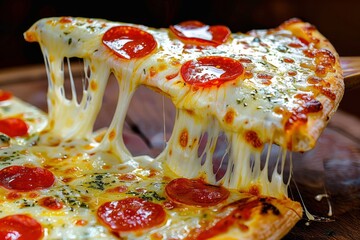 A close-up of a cheesy pepperoni pizza with melted cheese stretching from a slice, ample copy space.Fast Food Day.Greasy Food Day.Junk Food Day.